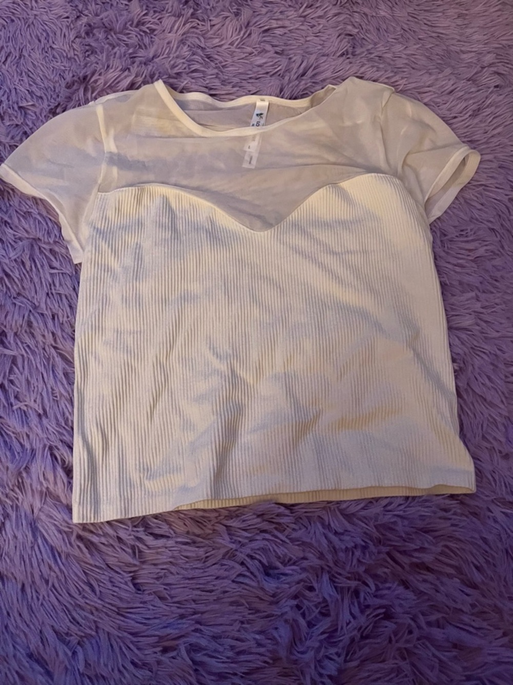 Love Tree White Short Sleeve Ribbed Top with Sheer Yoke